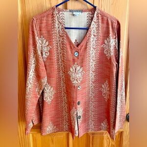 Isabella Bird Red Gold Boho Damask Jacket Blouse M Abalone Buttons Lagenlook Art